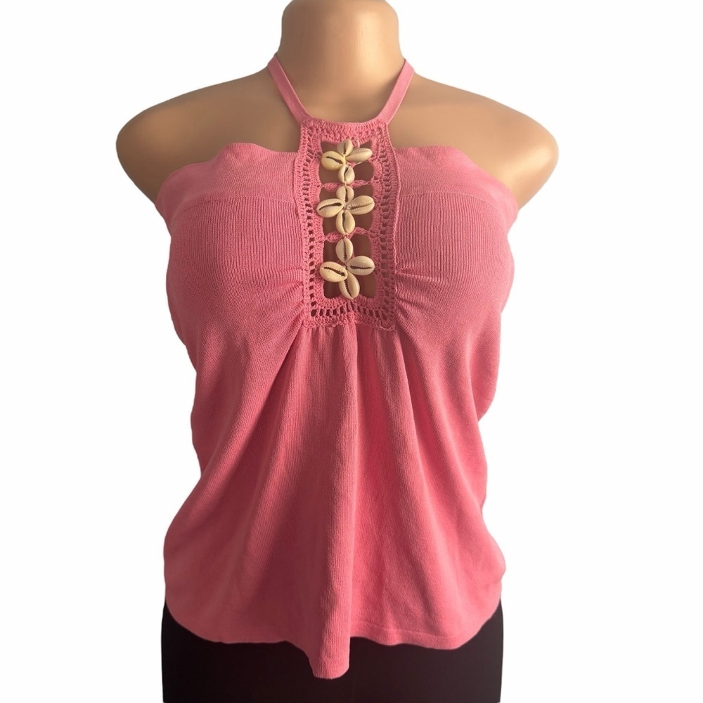 3/$30 ☀️ Joseph A. Vintage Pink Halter Neck Cowrie Shell Top